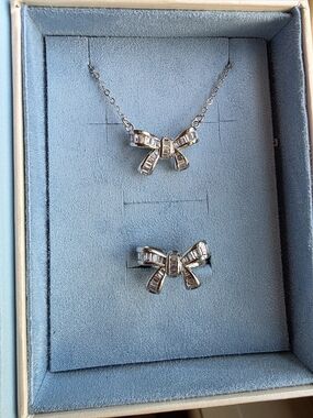 Silver Tone Baguette CZ Silver Bow Necklace and Ring Set - White Crystal Accents
